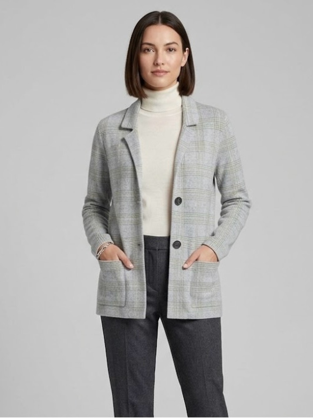 Barbara Lohmann Hommage Cashmere Glen Plaid Blazer Jacket Size M Grey